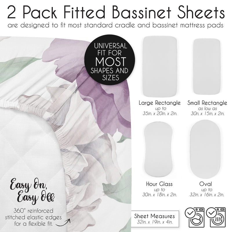Peony Floral Garden Lavender Purple and Ivory Collection 2 Pack Baby Bassinet Fitted Sheets