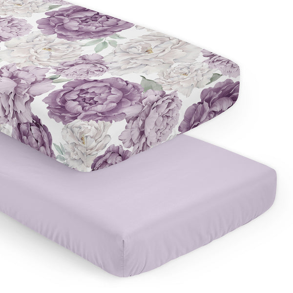 Peony Floral Garden Lavender Purple and Ivory Collection 2 Pack Crib Sheets