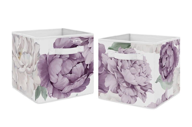 Peony Floral Garden Lavender Purple and Ivory Collection Foldable Fabric Storage Bins