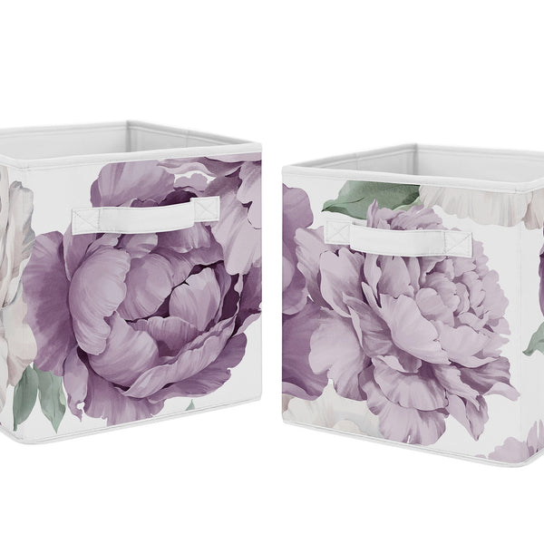 Peony Floral Garden Lavender Purple and Ivory Collection Foldable Fabric Storage Bins