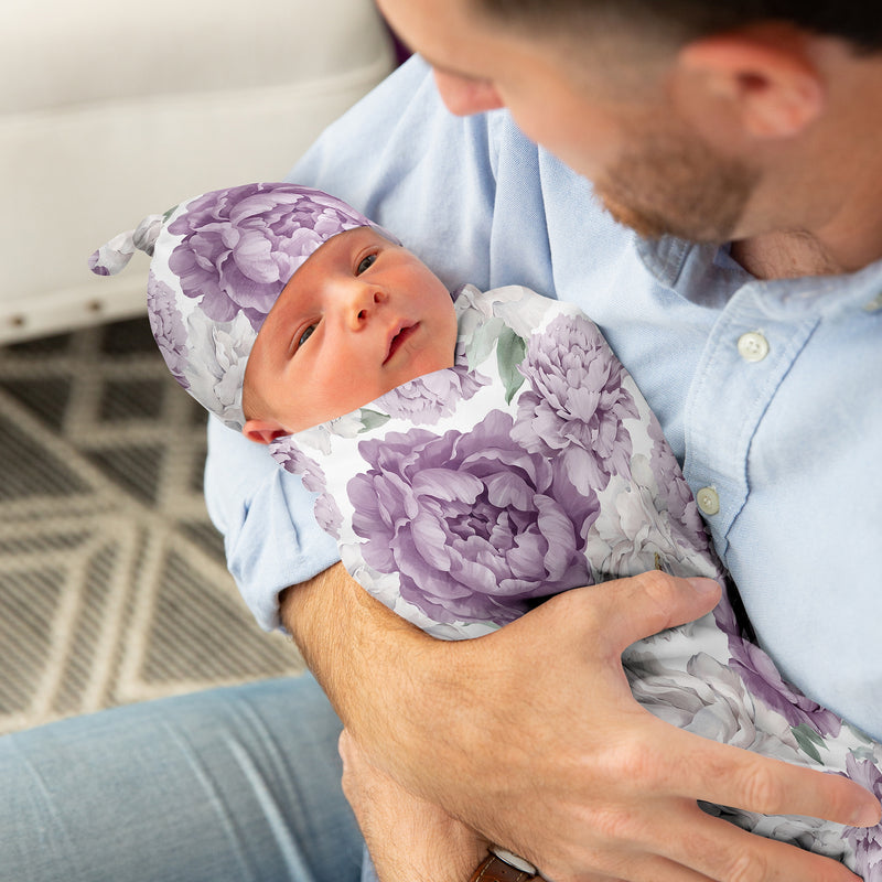 Peony Floral Garden Lavender Purple and Ivory Collection Baby Cocoon and Beanie Hat - 2 Piece Set