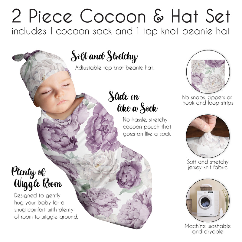 Peony Floral Garden Lavender Purple and Ivory Collection Baby Cocoon and Beanie Hat - 2 Piece Set