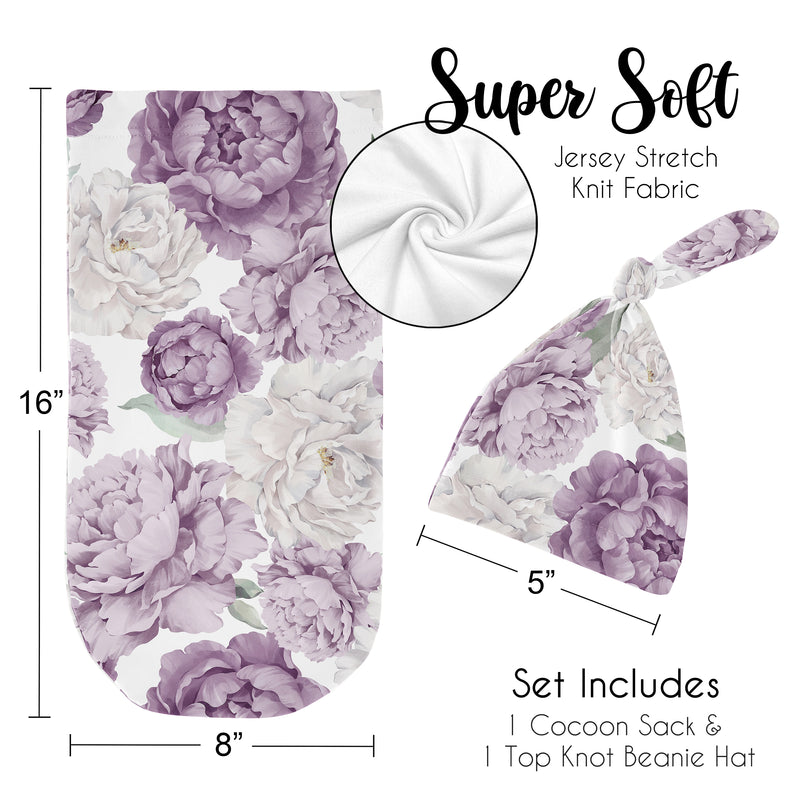 Peony Floral Garden Lavender Purple and Ivory Collection Baby Cocoon and Beanie Hat - 2 Piece Set