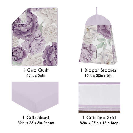 Peony Floral Garden Lavender Purple and Ivory Collection 4 Piece Crib Bedding