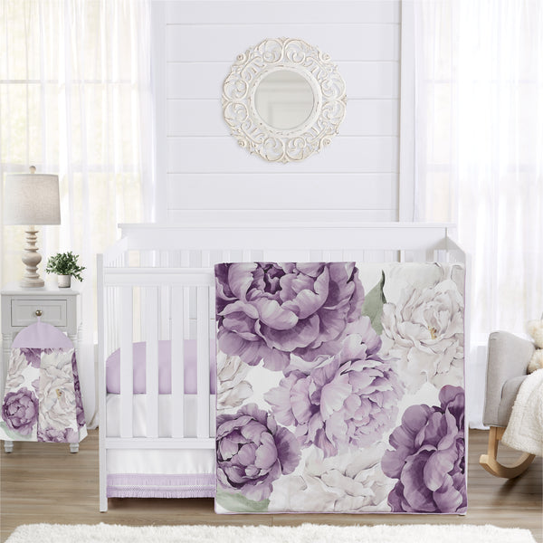 Peony Floral Garden Lavender Purple and Ivory Collection 4 Piece Crib Bedding