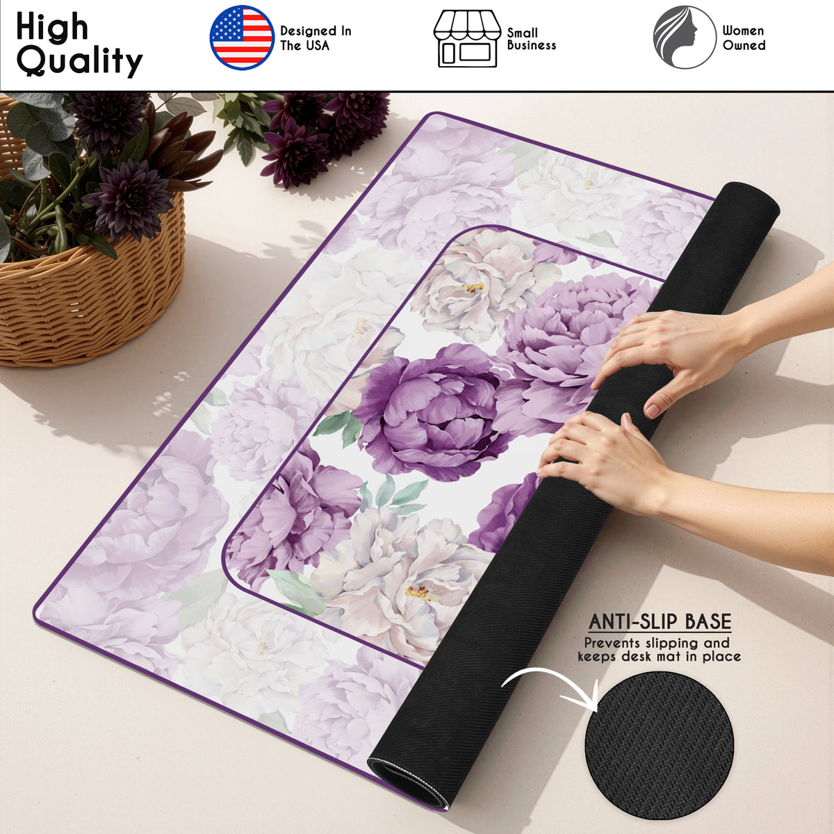 Peony Floral Garden Lavender Purple and Ivory Collection Mahjong Mat for Table - Shipped Rolled