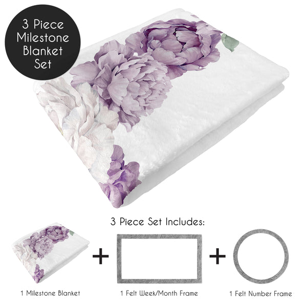 Peony Floral Garden Lavender Purple and Ivory Collection Monthly Milestone Baby Blanket alternate view