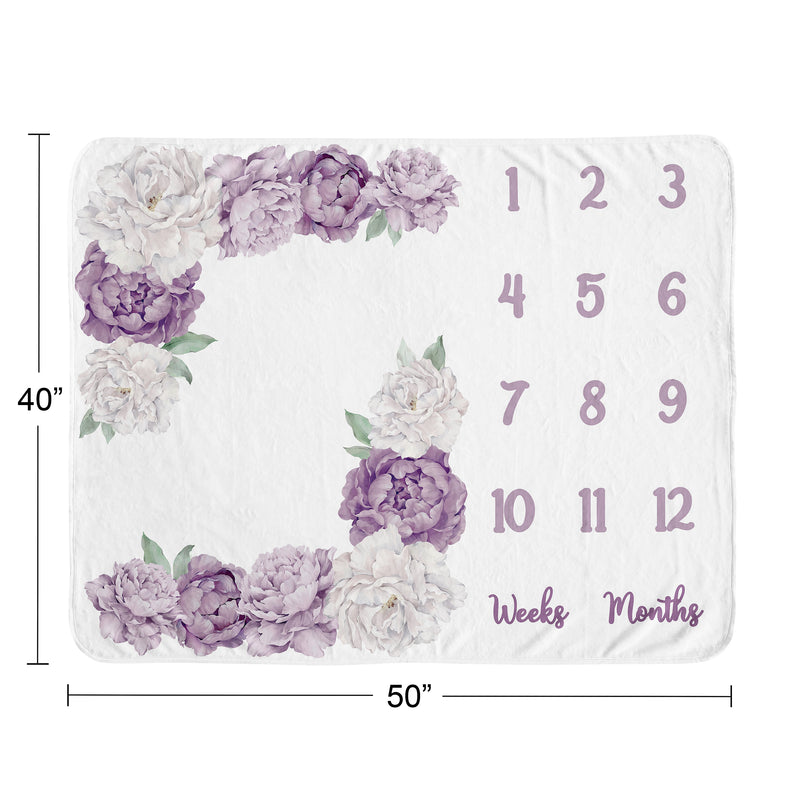Peony Floral Garden Lavender Purple and Ivory Collection Monthly Milestone Baby Blanket
