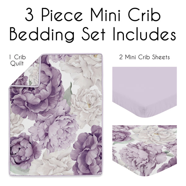 Peony Floral Garden Lavender Purple and Ivory Collection 3 Piece Mini Crib Bedding Set alternate view