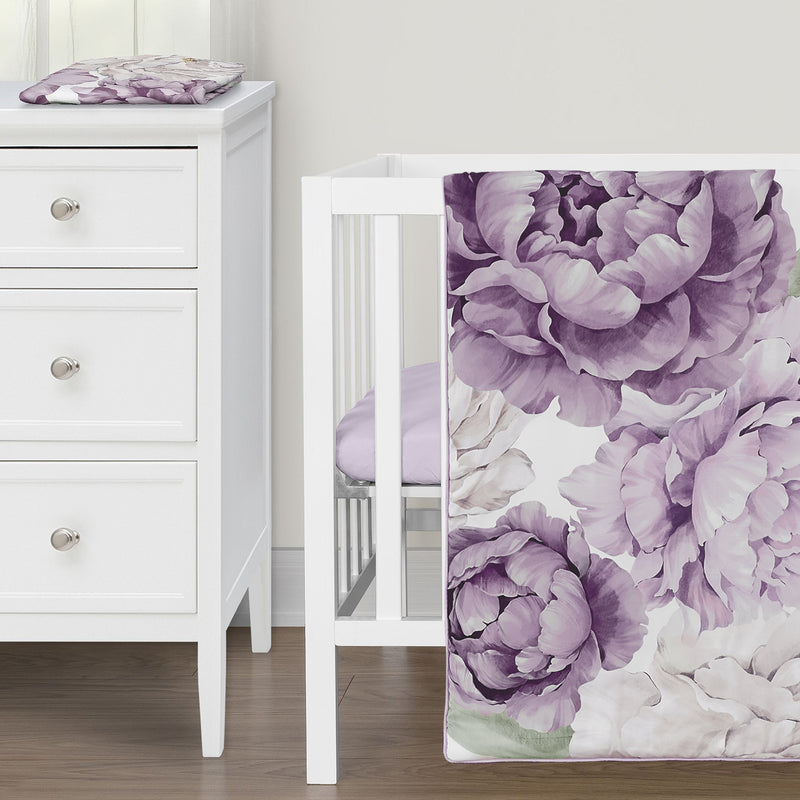 Peony Floral Garden Lavender Purple and Ivory Collection 3 Piece Mini Crib Bedding Set
