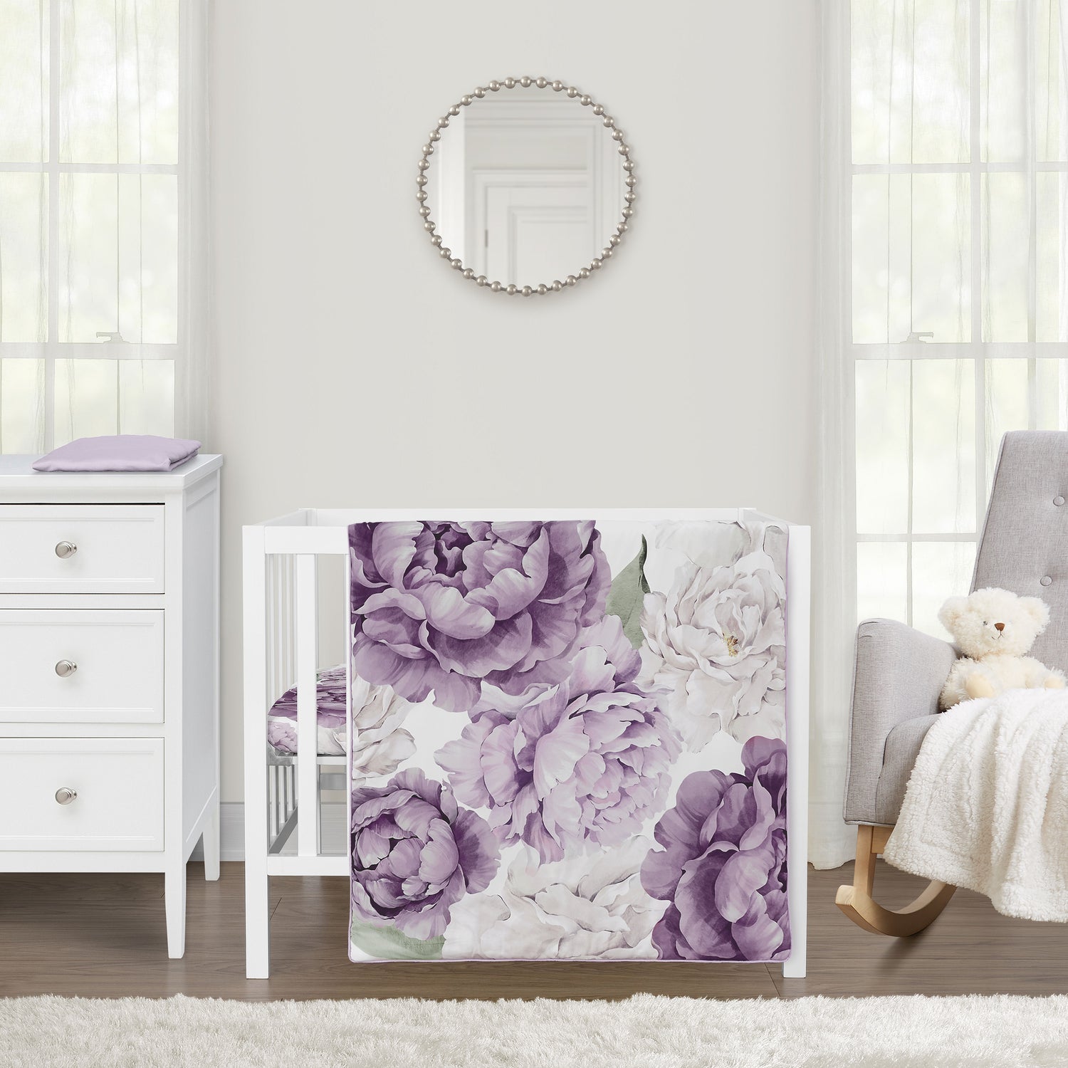 Peony Floral Garden Lavender Purple and Ivory Collection 3 Piece Mini Crib Bedding Set