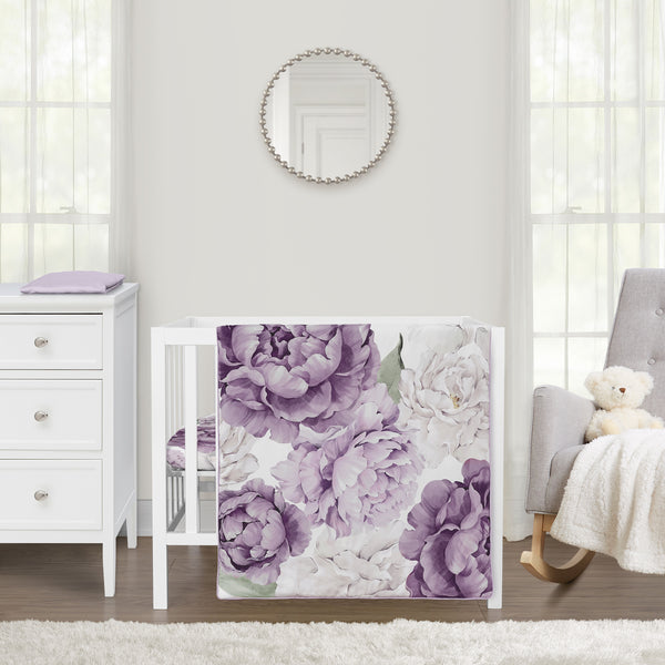 Peony Floral Garden Lavender Purple and Ivory Collection 3 Piece Mini Crib Bedding Set