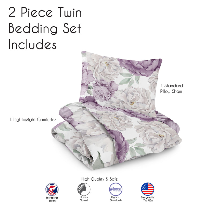 Peony Floral Garden Lavender Purple and Ivory Collection Twin Bedding