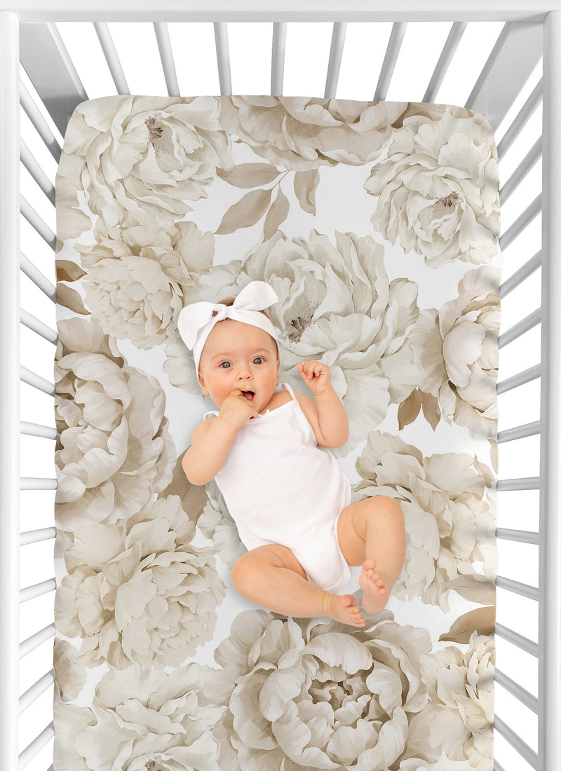Peony Floral Garden Taupe and Ivory Collection Crib Sheet