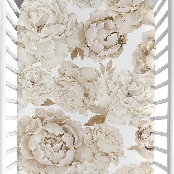 Peony Floral Garden Taupe and Ivory Collection Crib Sheet
