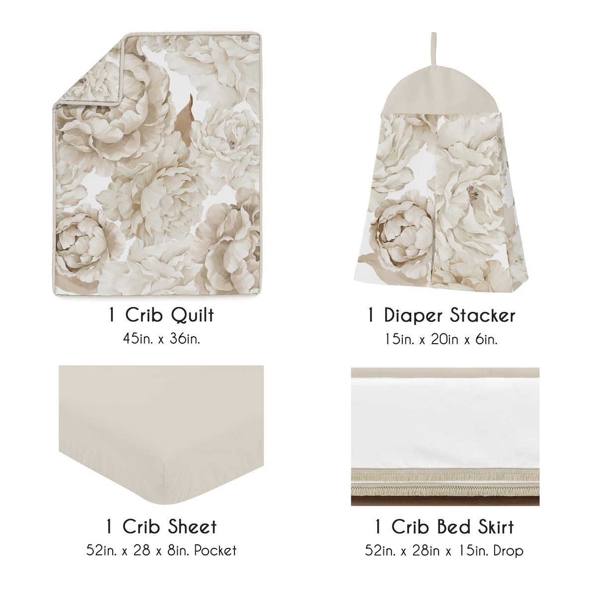 Peony Floral Garden Taupe and Ivory Collection 4 Piece Crib Bedding