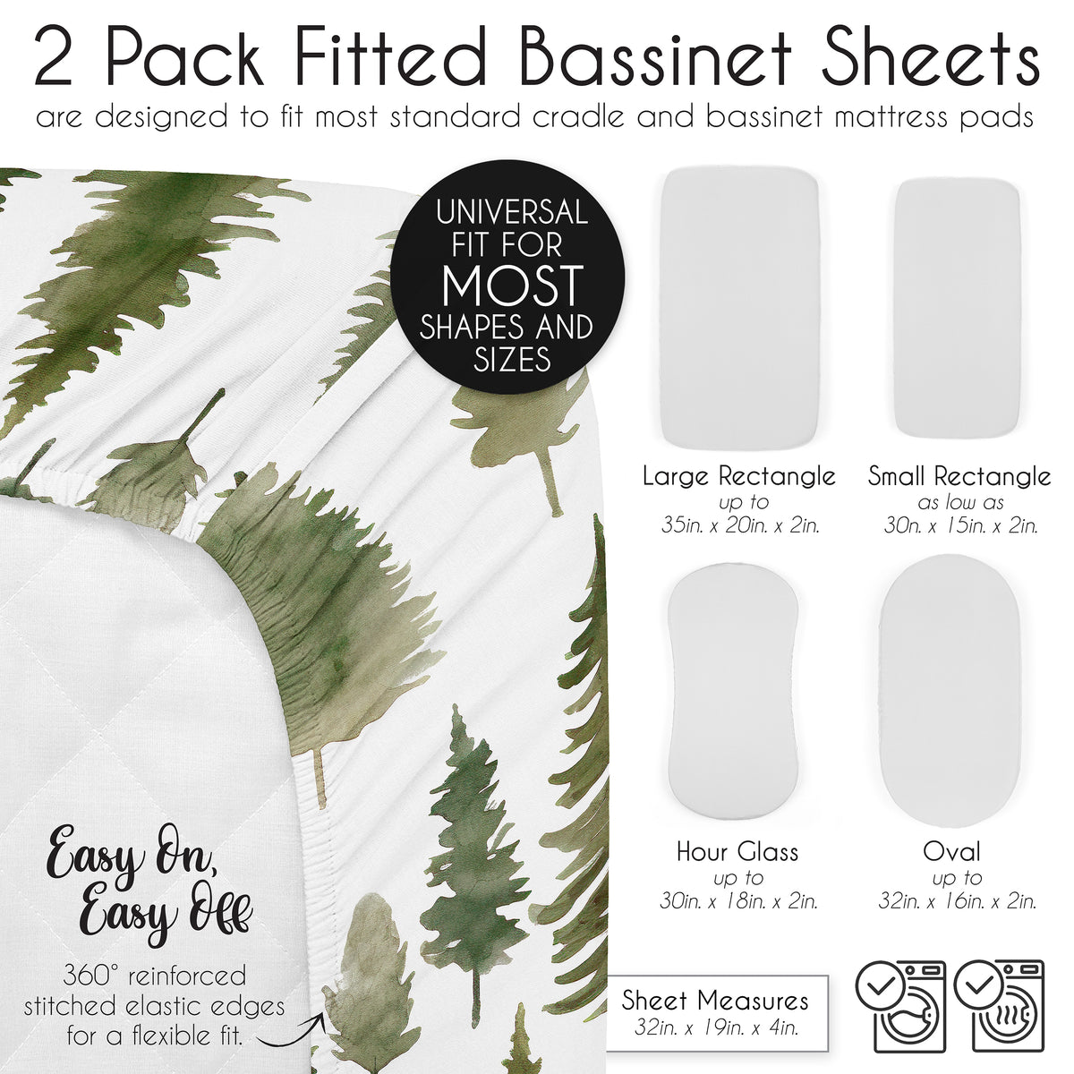 Woodland Pine Tree Collection 2 Pack Baby Bassinet Fitted Sheets