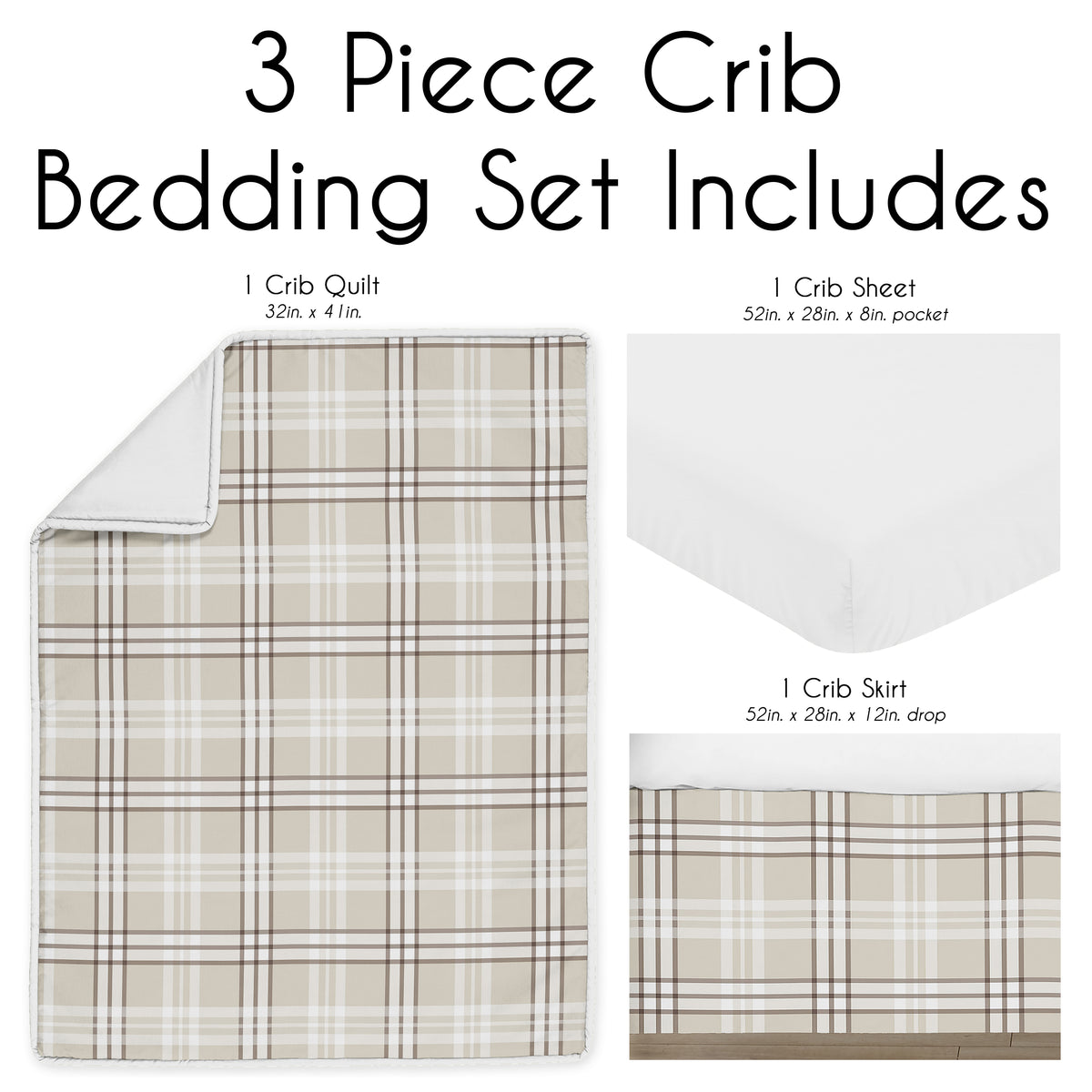Gingham Taupe Plaid Collection 3 Piece Crib Bedding