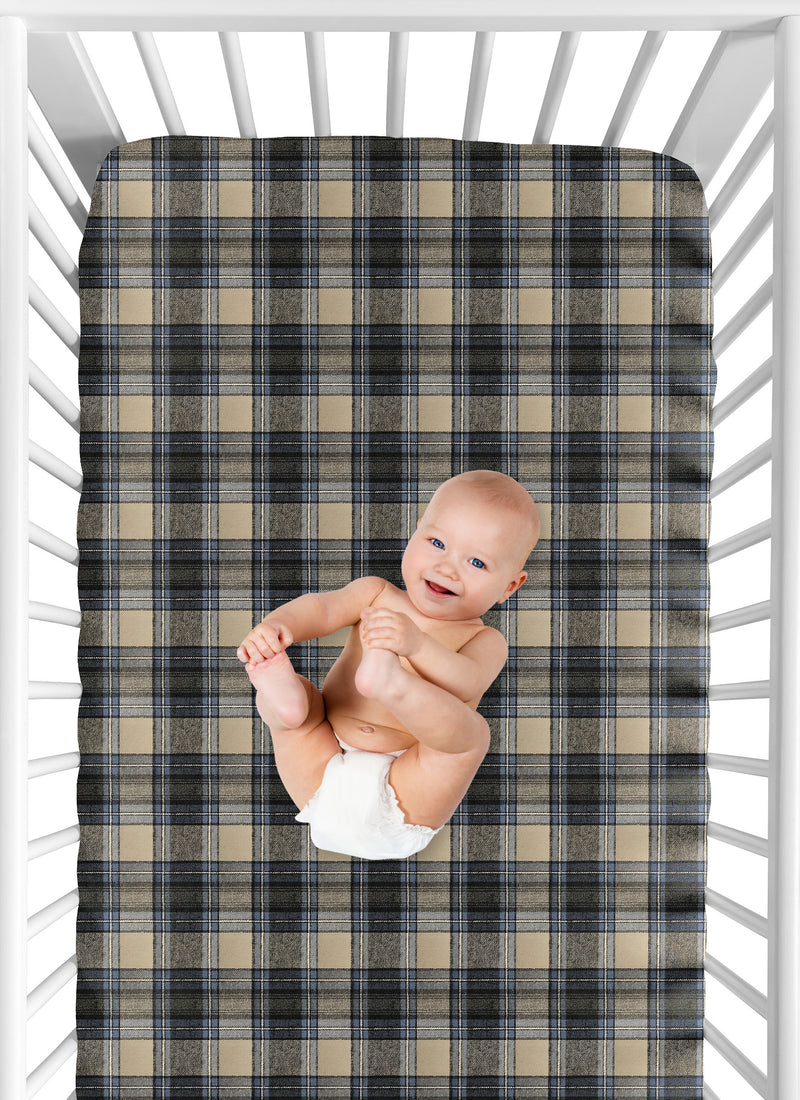 Rustic Patch Blue and Tan Collection Plaid Crib Sheet