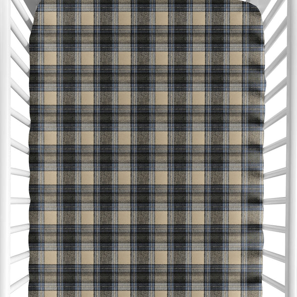 Rustic Patch Blue and Tan Collection Plaid Crib Sheet