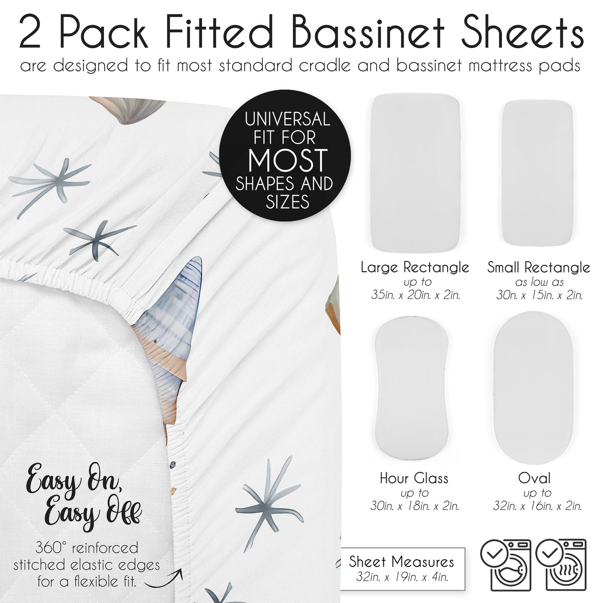Seashells Collection 2 Pack Baby Bassinet Fitted Sheets