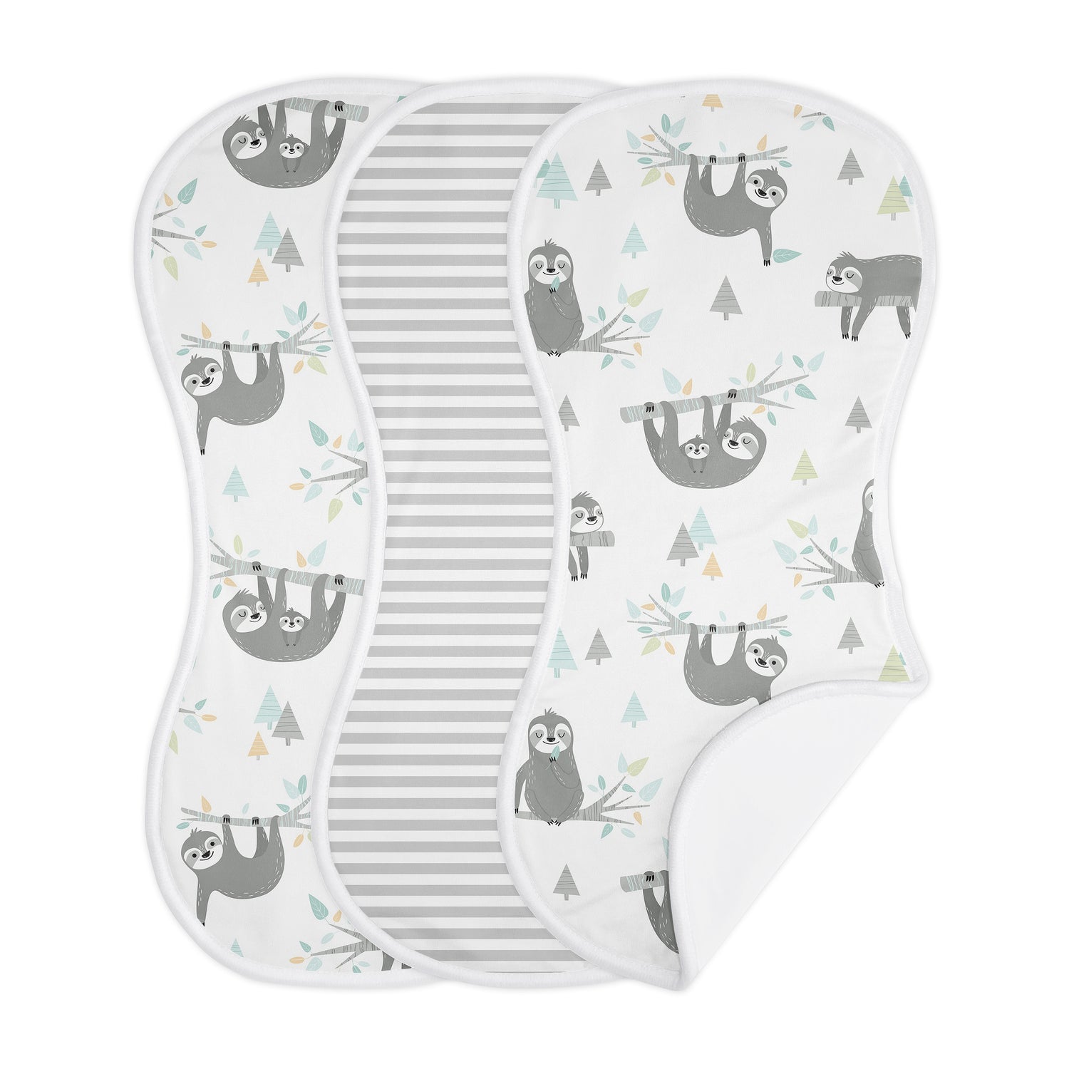 Sloth Aqua and Grey Collection Absorbent Burp Cloths - 3 Pack Set