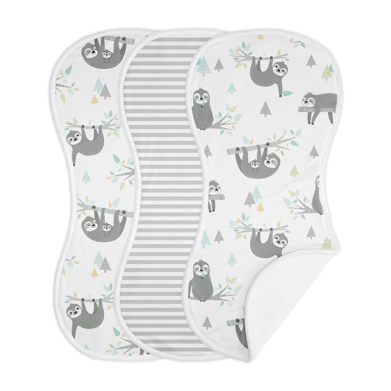 Sloth Aqua and Grey Collection Absorbent Burp Cloths - 3 Pack Set