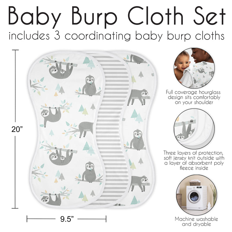 Sloth Aqua and Grey Collection Absorbent Burp Cloths - 3 Pack Set