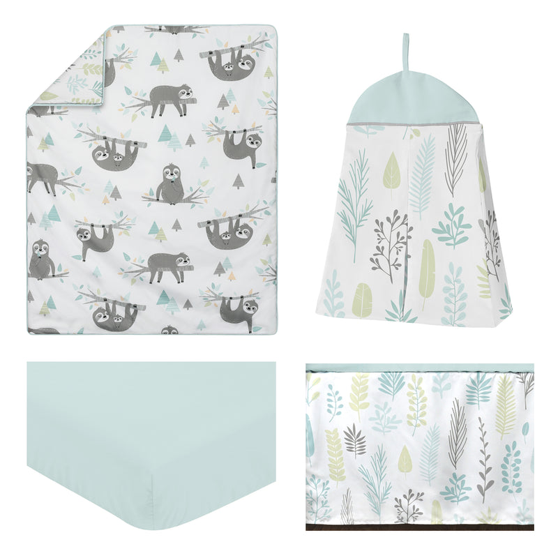 Sloth Aqua And Grey Collection 4 Piece Bumperless Crib Bedding