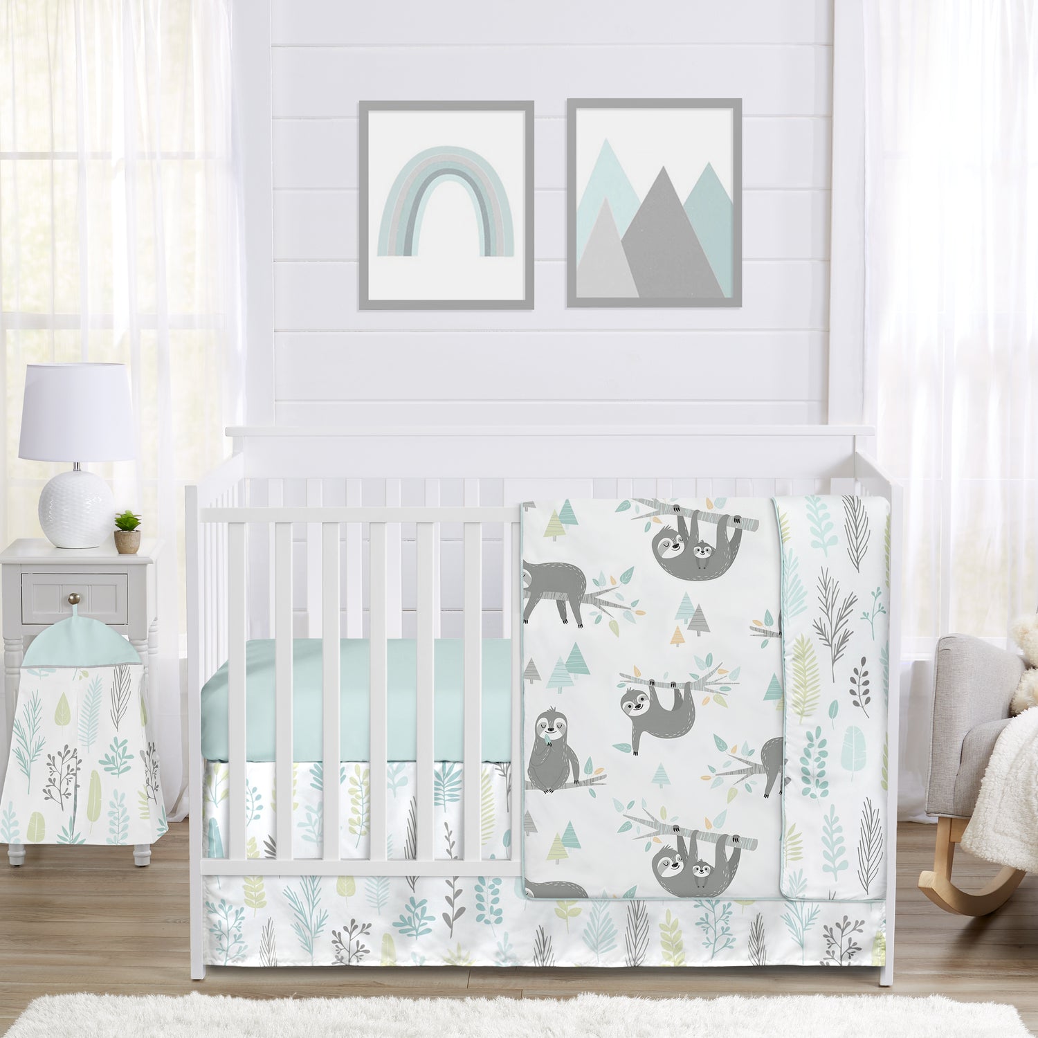 Sloth Aqua And Grey Collection 4 Piece Bumperless Crib Bedding