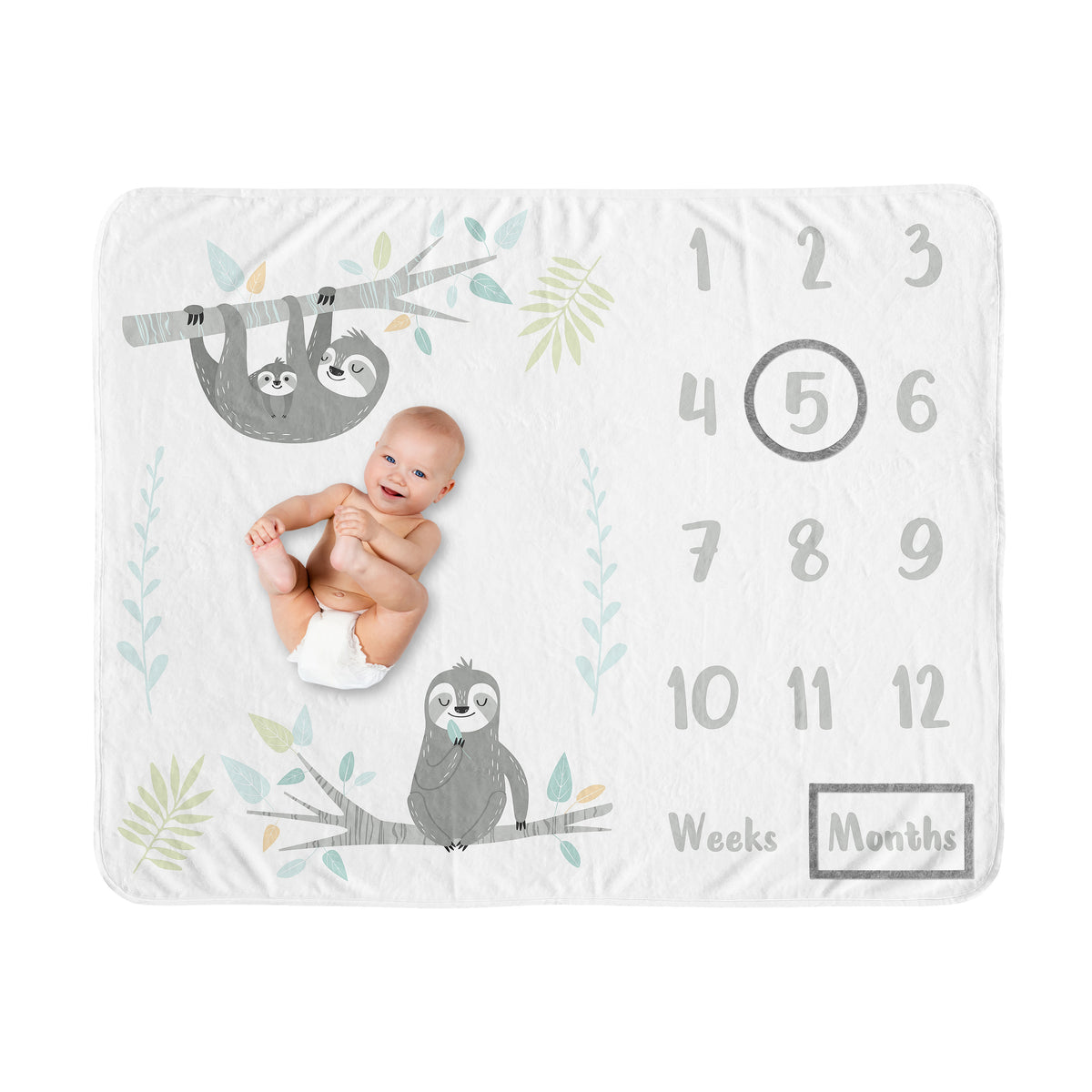 Sloth Aqua And Grey Collection Monthly Milestone Baby Blanket