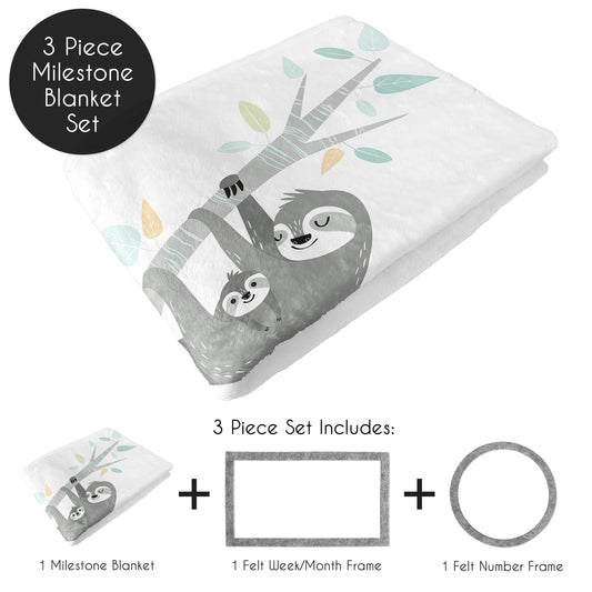 Sloth Aqua And Grey Collection Monthly Milestone Baby Blanket