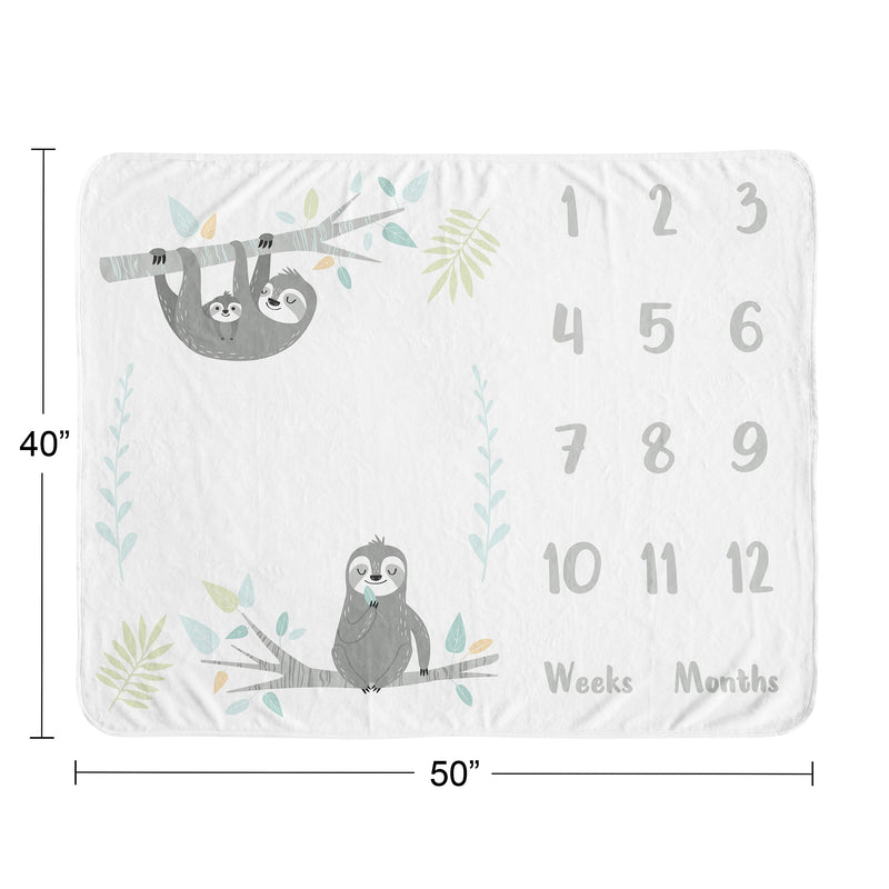 Sloth Aqua And Grey Collection Monthly Milestone Baby Blanket