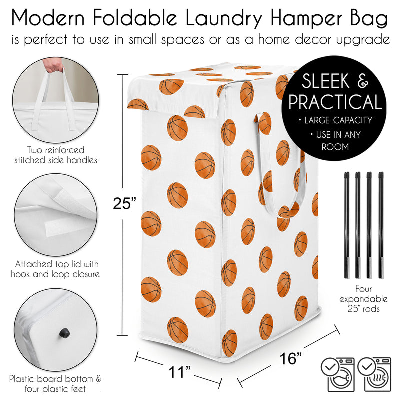 Watercolor Sports Theme Collection - Basketball Print Laundry Hamper with Handles