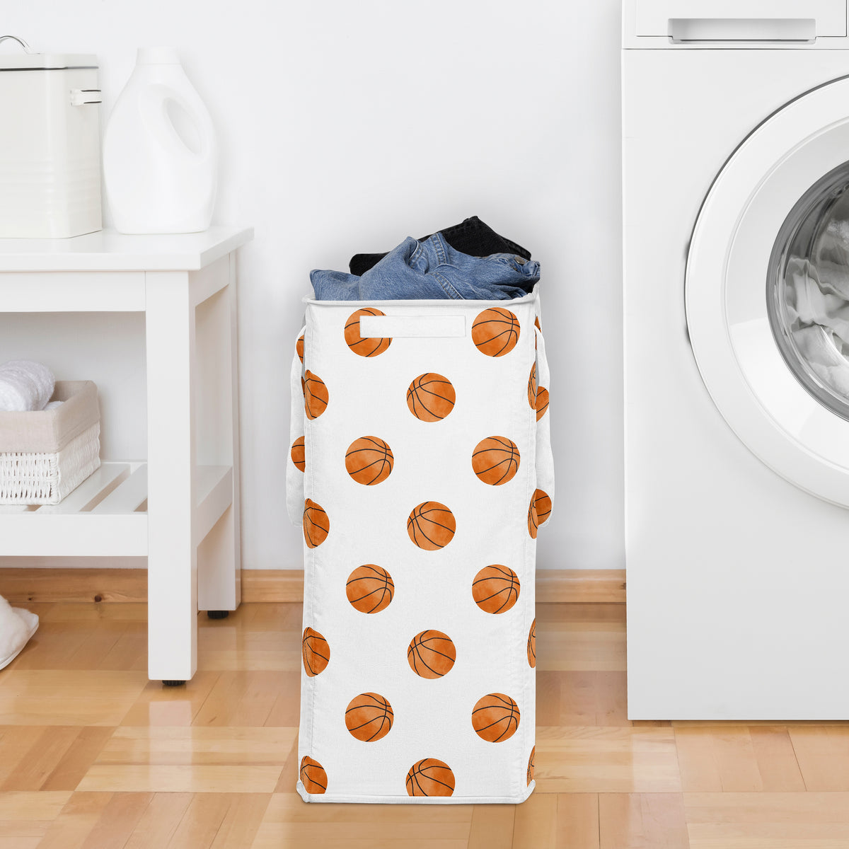 Watercolor Sports Theme Collection - Basketball Print Laundry Hamper with Handles