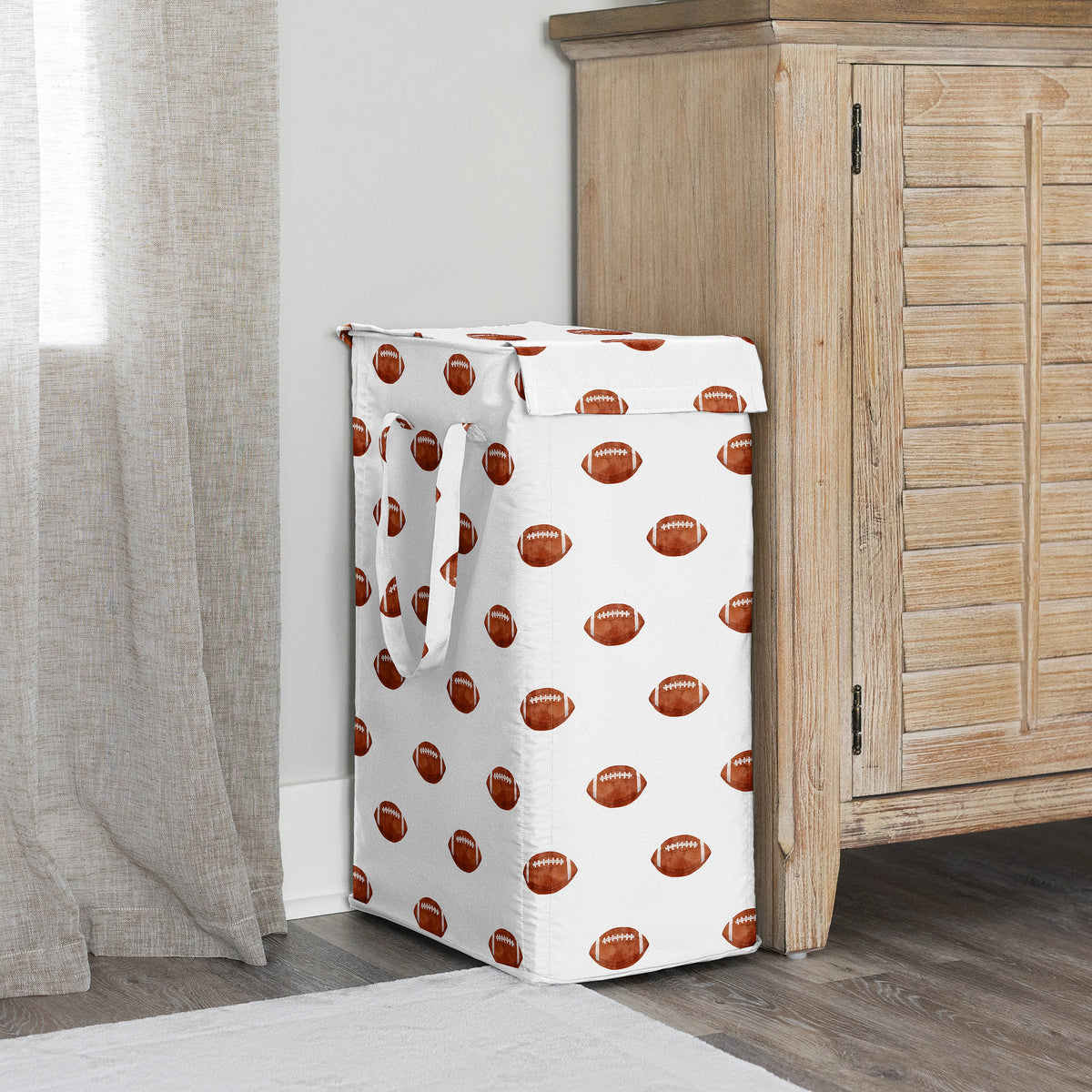 Watercolor Sports Theme Collection - Football Print Laundry Hamper with Handles
