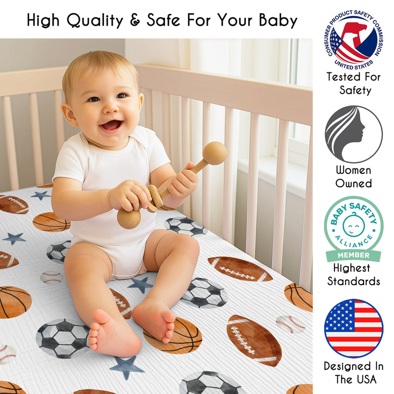 Watercolor Sports Theme  100% Cotton Muslin Crib Sheet