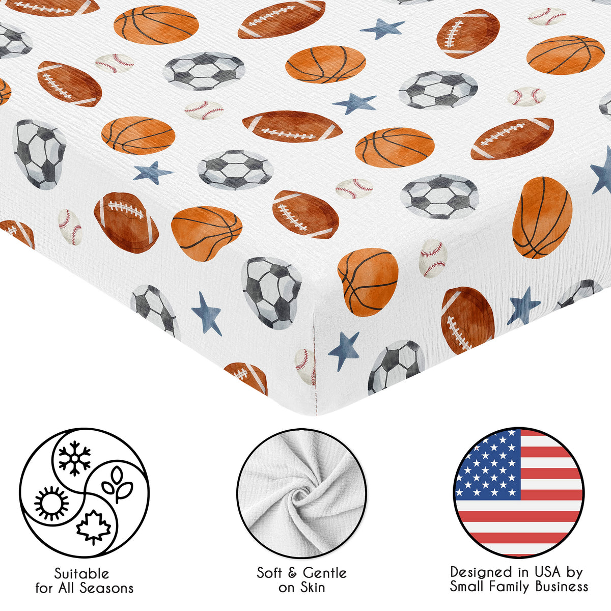 Watercolor Sports Theme  100% Cotton Muslin Crib Sheet