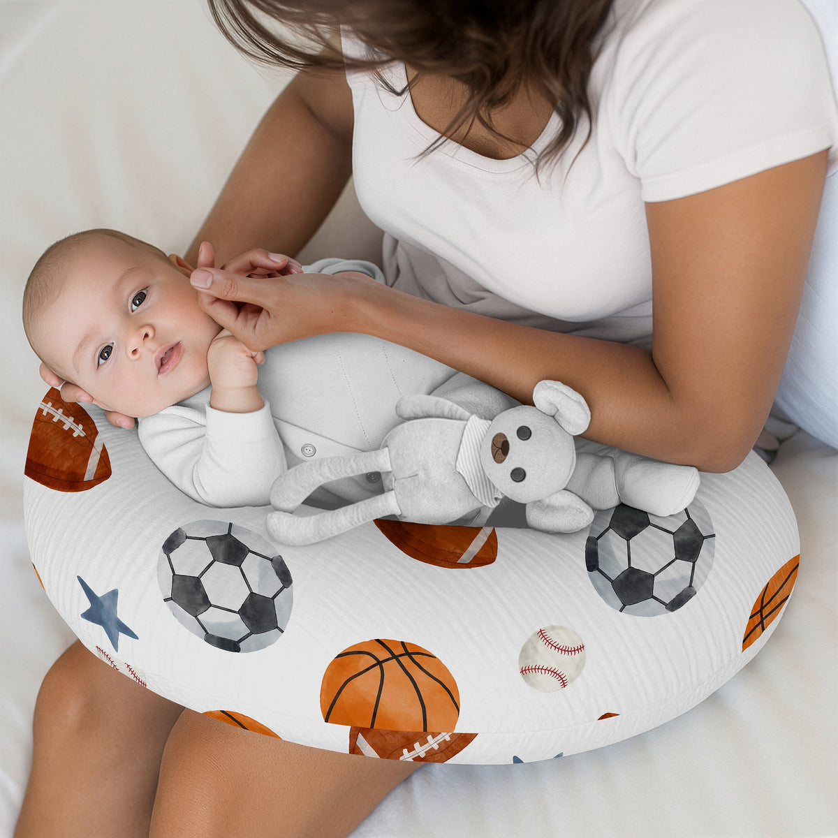 Watercolor Sports Theme 100% Cotton Muslin Nursing Breastfeeding Pillow Cover Case (Pillow Not Included)