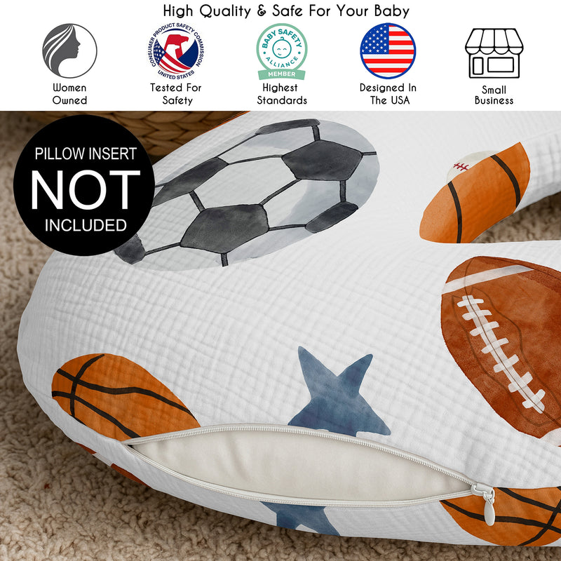 Watercolor Sports Theme 100% Cotton Muslin Nursing Breastfeeding Pillow Cover Case (Pillow Not Included)