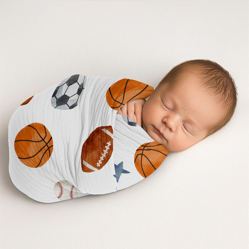 Watercolor Sports Theme 100% Cotton Muslin Baby Swaddle Receiving Blanket