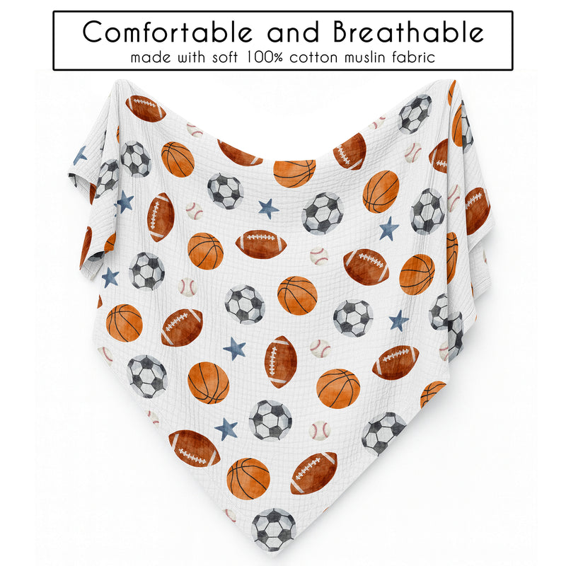 Watercolor Sports Theme 100% Cotton Muslin Baby Swaddle Receiving Blanket