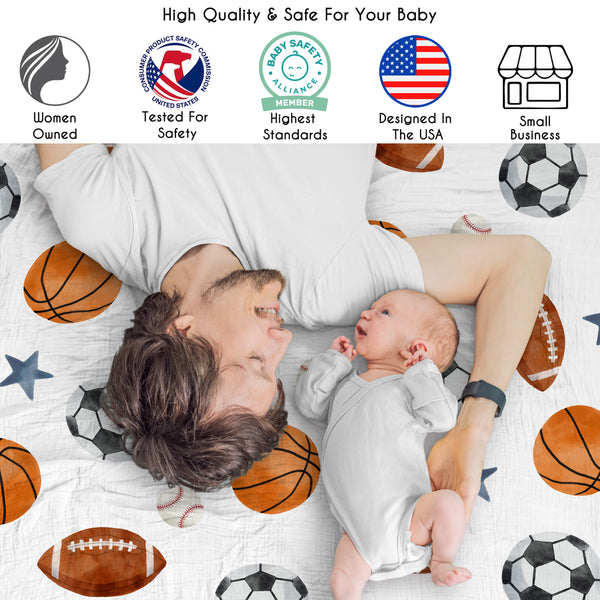 Watercolor Sports Theme 2 Pack 100% Cotton Muslin Baby Swaddle Receiving Blankets alternate view