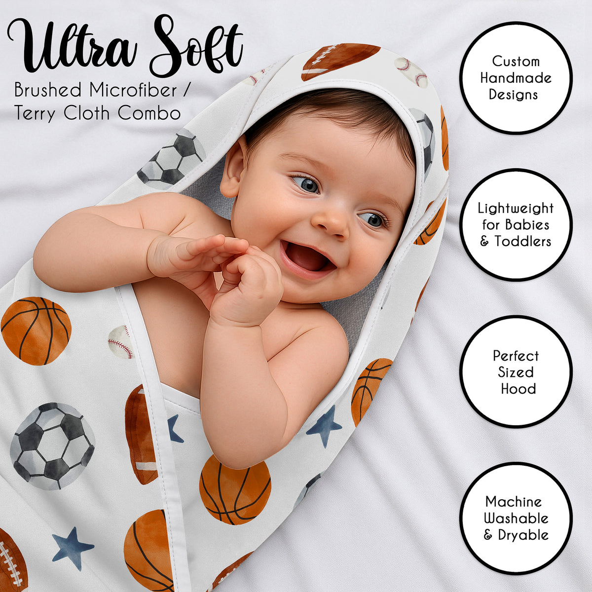 Watercolor Sports Theme Collection Hooded Baby Towels - Toddler Bath Towel