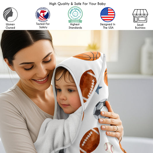 Watercolor Sports Theme Collection Hooded Baby Towels - Toddler Bath Towel