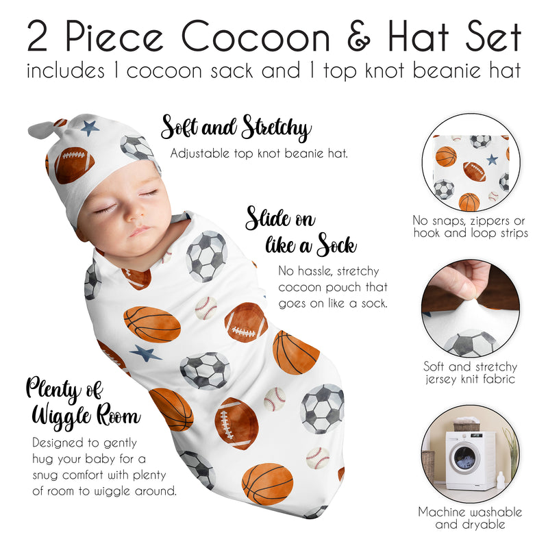 Watercolor Sports Theme Baby Cocoon and Beanie Hat - 2 Piece Set