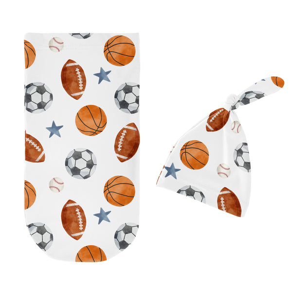 Watercolor Sports Theme Baby Cocoon and Beanie Hat - 2 Piece Set alternate view