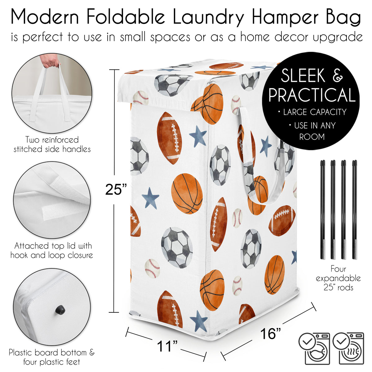 Watercolor Sports Theme Laundry Hamper with Handles