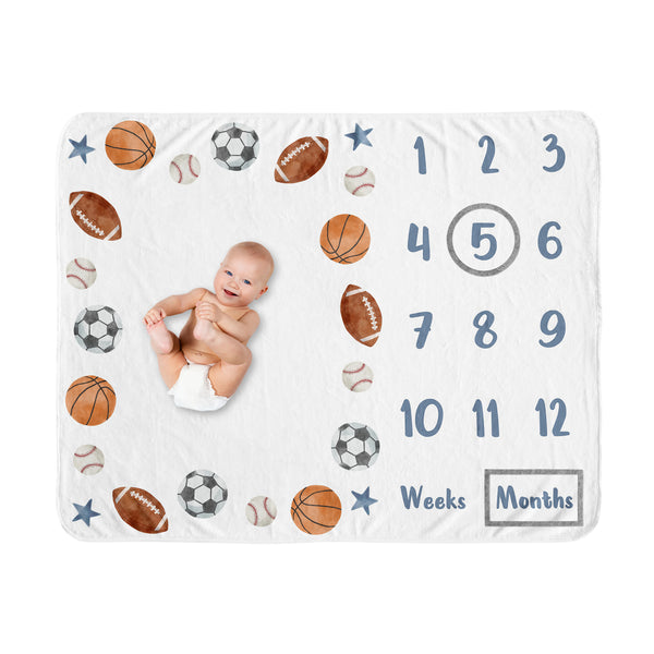 Watercolor Sports Theme Monthly Milestone Baby Blanket