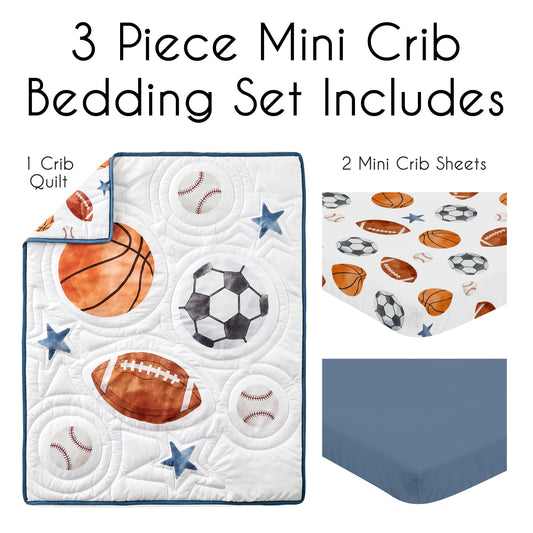 Watercolor Sports Theme 3 Piece Mini Crib Bedding Set